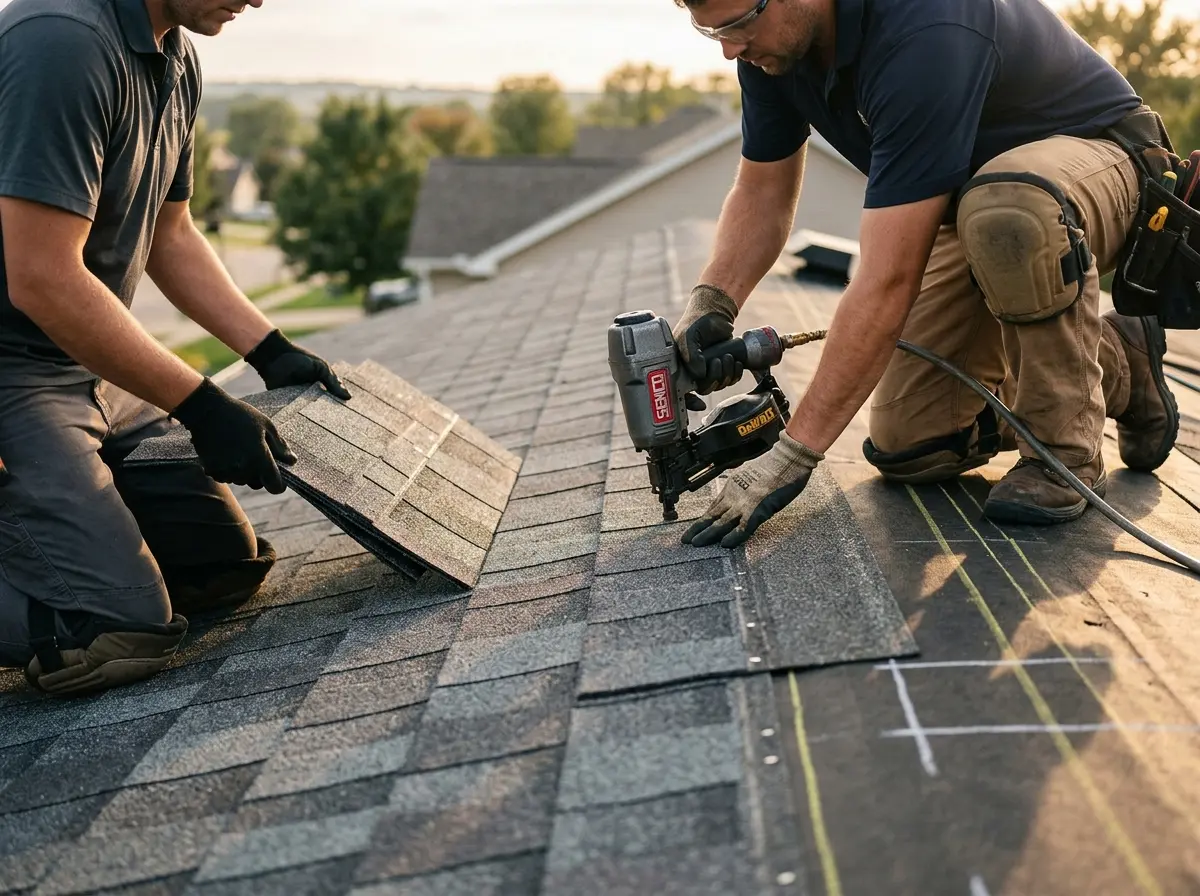 Professional roofer working on a residential roof in Pierre
